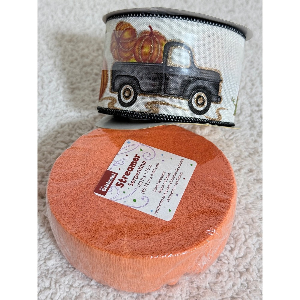 Way to Celebrate Fall Harvest Wired Ribbon Pumpkin Truck & Orange Streamer Set